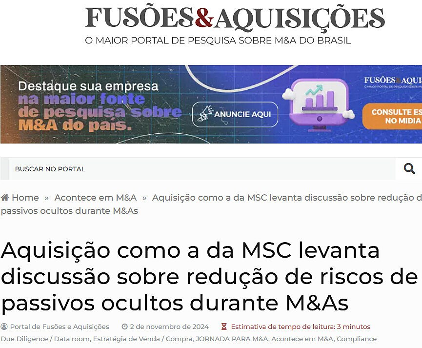 Aquisio como a da MSC levanta discusso sobre reduo de riscos de passivos ocultos durante M&As